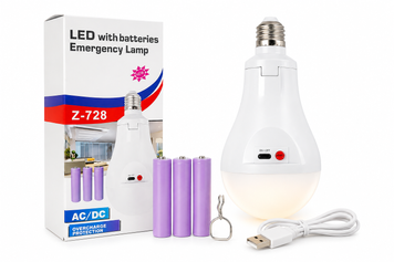 Аварійна LED-лампа Z-728 30 Вт з акумулятором 3&times;18650, цоколь E27, USB-заряджання 728 фото