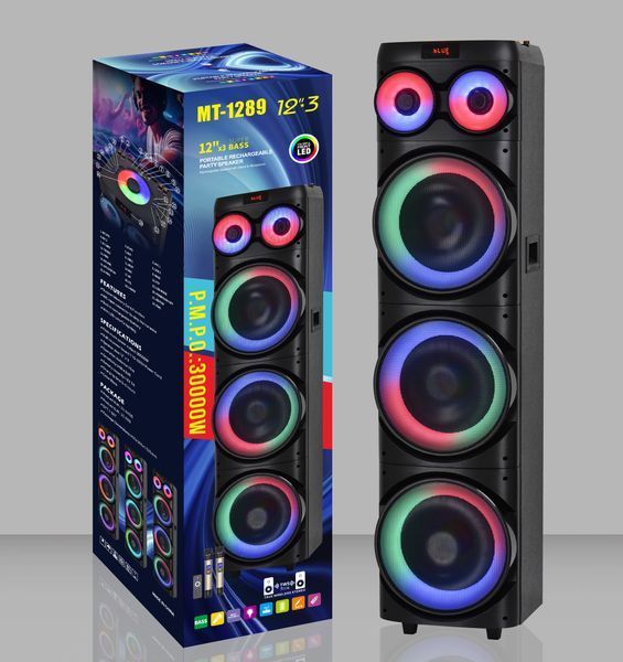 Портативная акустическая колонка MT-1289, 100 Вт, 3&times;12&Prime; динамика, аккумулятор 7000 мА&middot;ч, караоке с 2 микрофонами, RGB-подсветка, Bluetooth, TWS боб220 колонкаMT-1289 фото