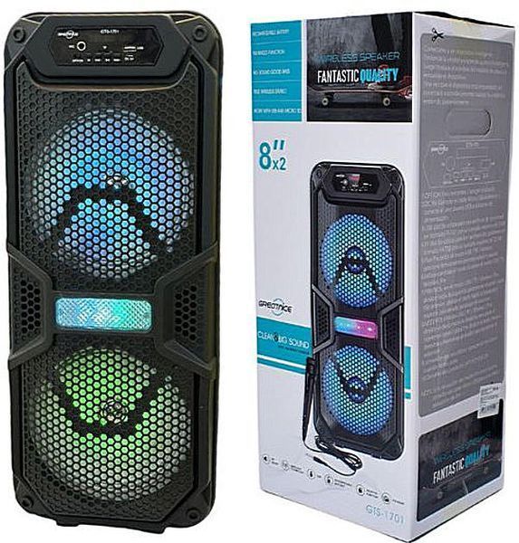 Караоке колонка GTS-1701 2x8" з мікрофоном, Bluetooth, підсвічуванням, FM, USB, TWS | Акумуляторна колонка-валіза GTS-1701 фото