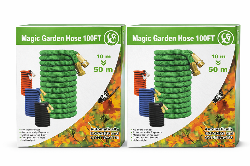 Шланг для полива растяжимый 50 м Magic Hose с распылителем | Садовый шланг компактен с латунными соединениями. 10-50шланг фото