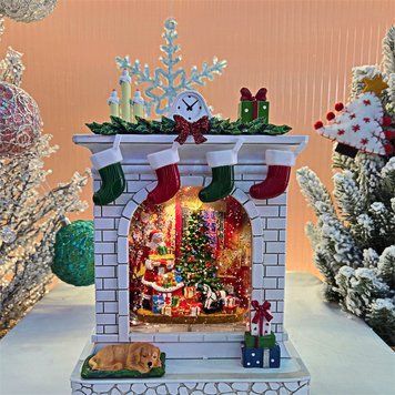 Новогодний декоративный светильник-камин с LED подсветкой и эффектом снега, музыкальный, 26 см білий кам ін с дідморозом фото