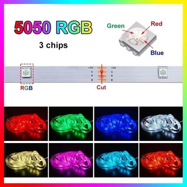 Різнобарвна самоклейна світлодіодна стрічка 5 метрів RGB 5050 з пультом керування з мікрофоном музична уп 2370073303 фото