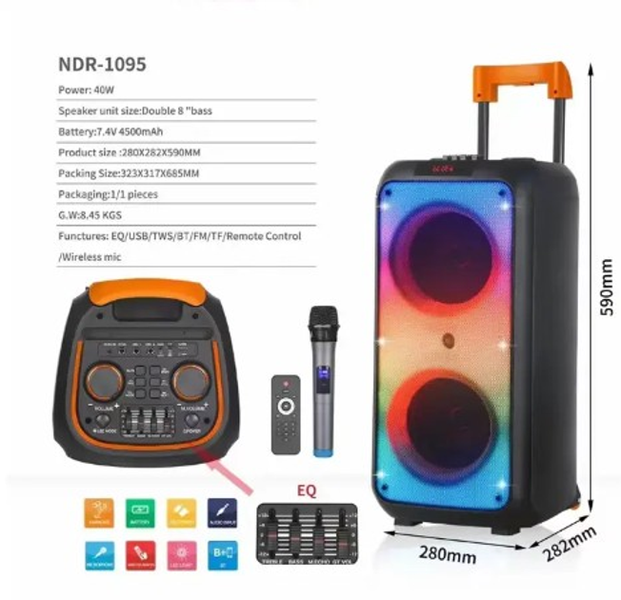 Bluetooth колонка NDR-1095 с колесиками, 8", 4500 мАч, RGB подсветка, микрофон и пульт. 35  (89) фото