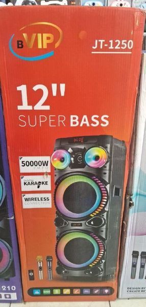 Караоке колонка VIP JT-1250 12" 50000W Bluetooth, 2 мікрофони, акумулятор 7Ач, RGB підсвічування, портативна акустична система VIP JT-1250 (200) фото