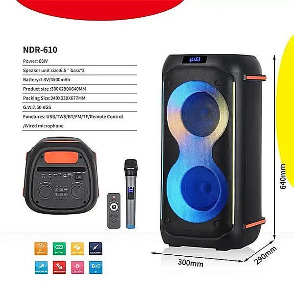 Портативна Bluetooth колонка NDR-610/8892 60см, 60Вт, акумулятор 4500mAh, мікрофон, пульт ДУ, світломузика RGB, чорна ndr610 90 фото
