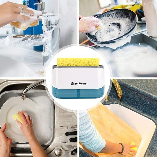 Дозатор для моющего средства Soap Pump Sponge Caddy 300мл с губкой и подставкой | Нажимной диспенсер для кухни бело-серый 33834 фото